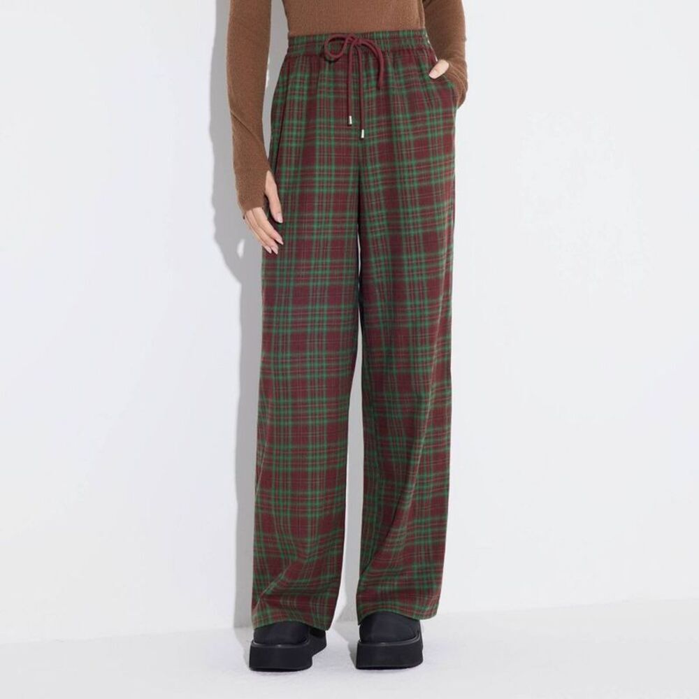 Women's Mid-Rise Wide Leg Pull-On Pants - Wild Fable Green Plaid M